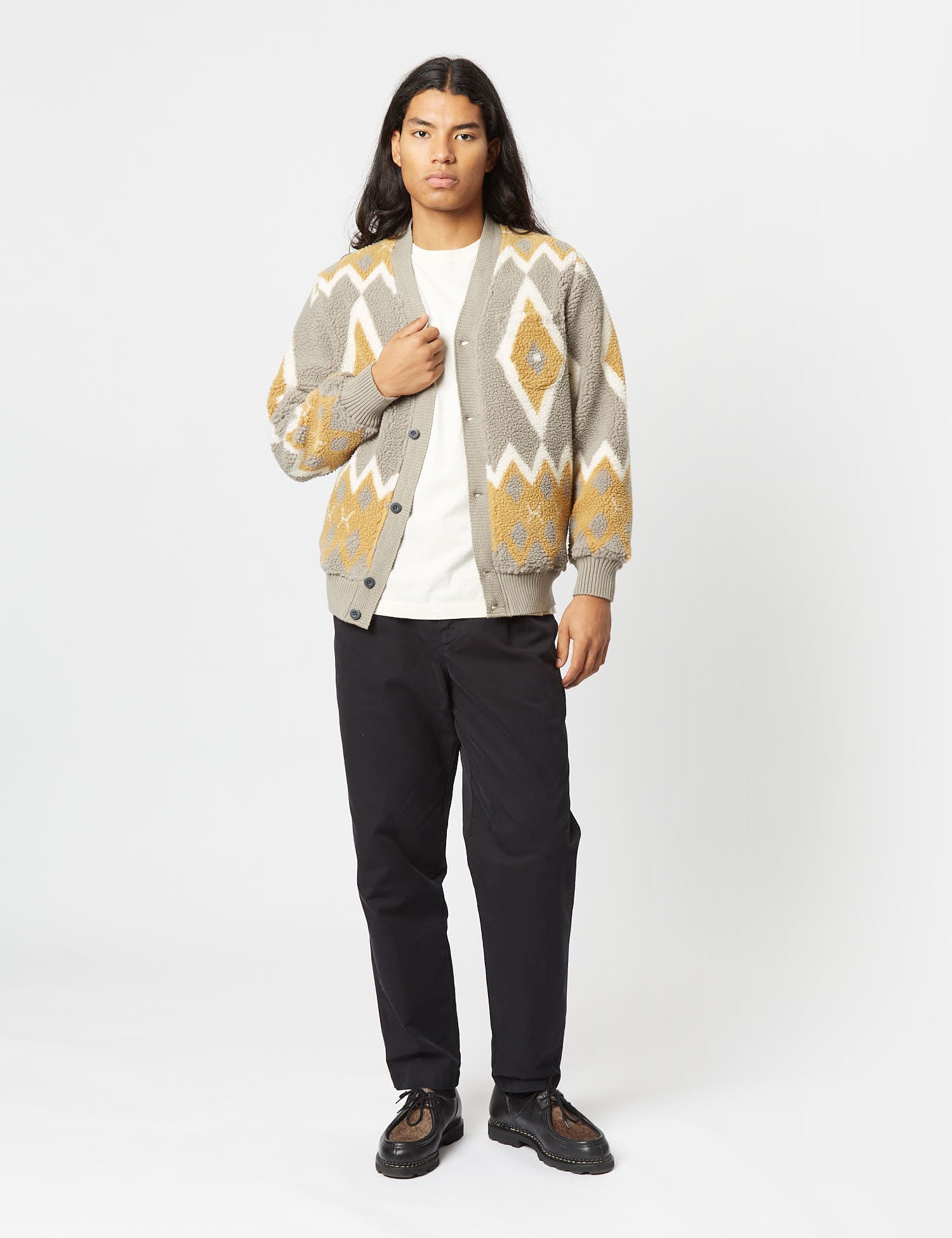 Beams Plus Boa Cardigan - Light Grey/Mustard - Image 3