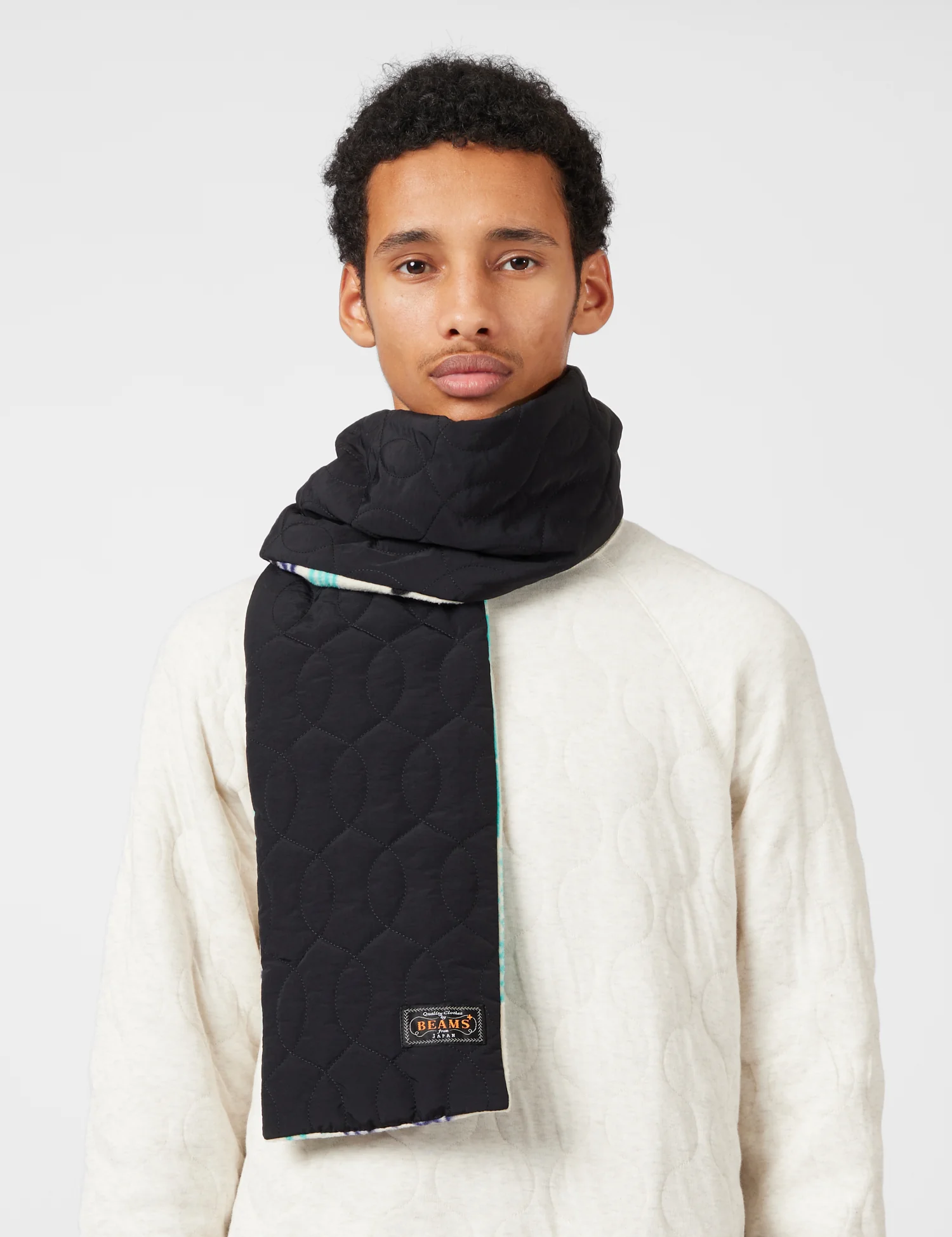 Beams Plus Muffler Boa Quilting Scarf - Black/Animal - Image 2