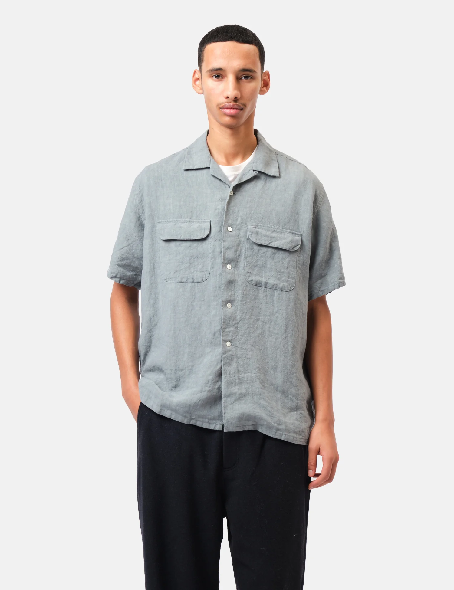 Beams Plus Open Collar 1/40 Linen Shirt - Sax Blue - Image 5