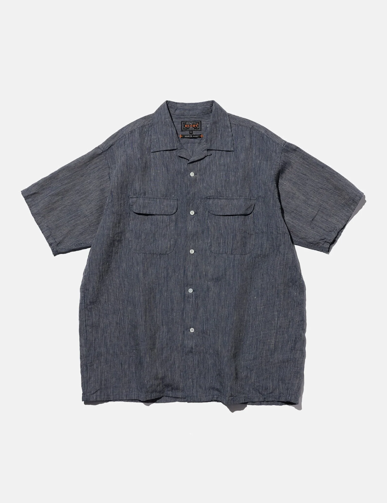 Beams Plus Open Collar Indigo Linen Stripe Shirt - Indigo Blue