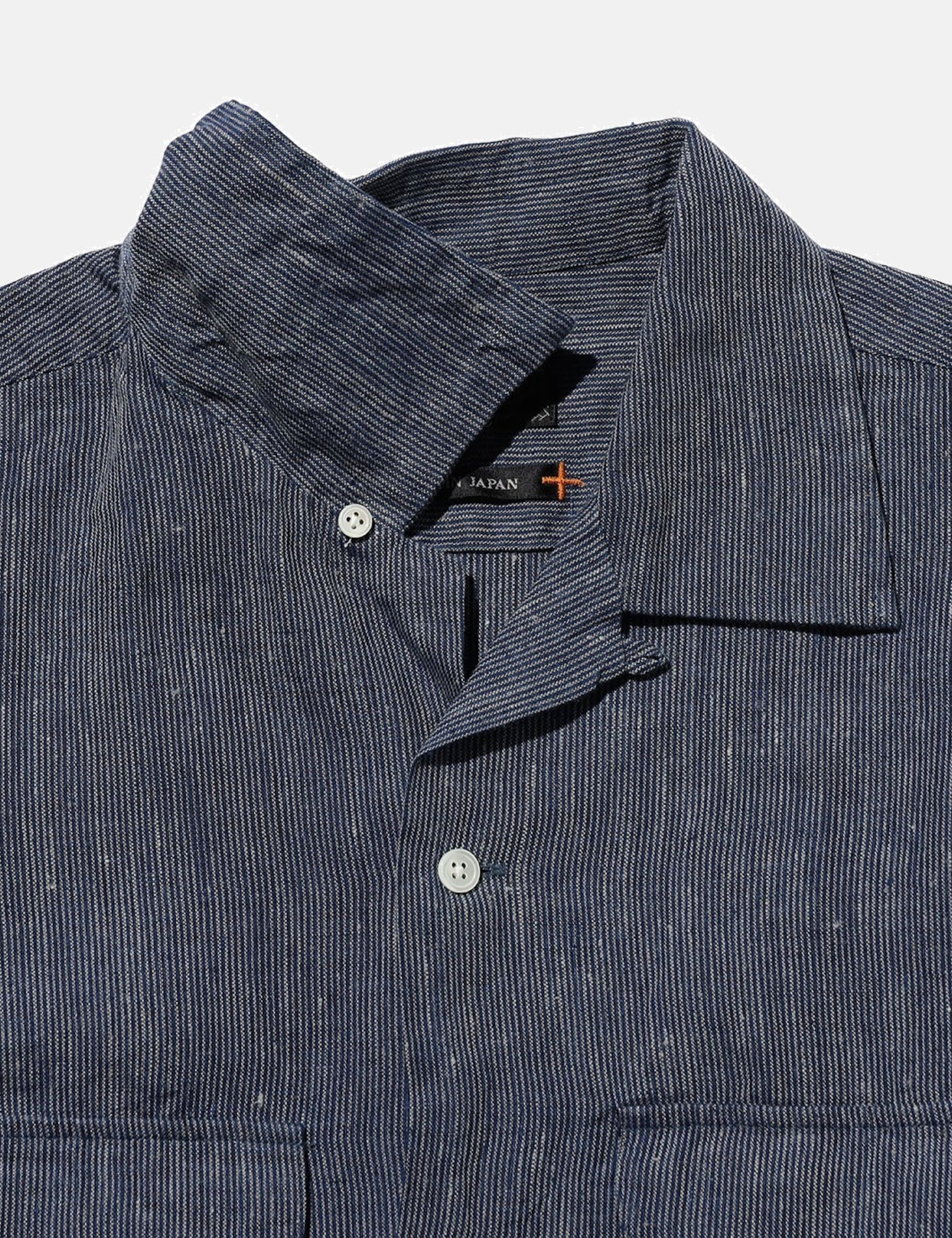Beams Plus Open Collar Indigo Linen Stripe Shirt - Indigo Blue - Image 2