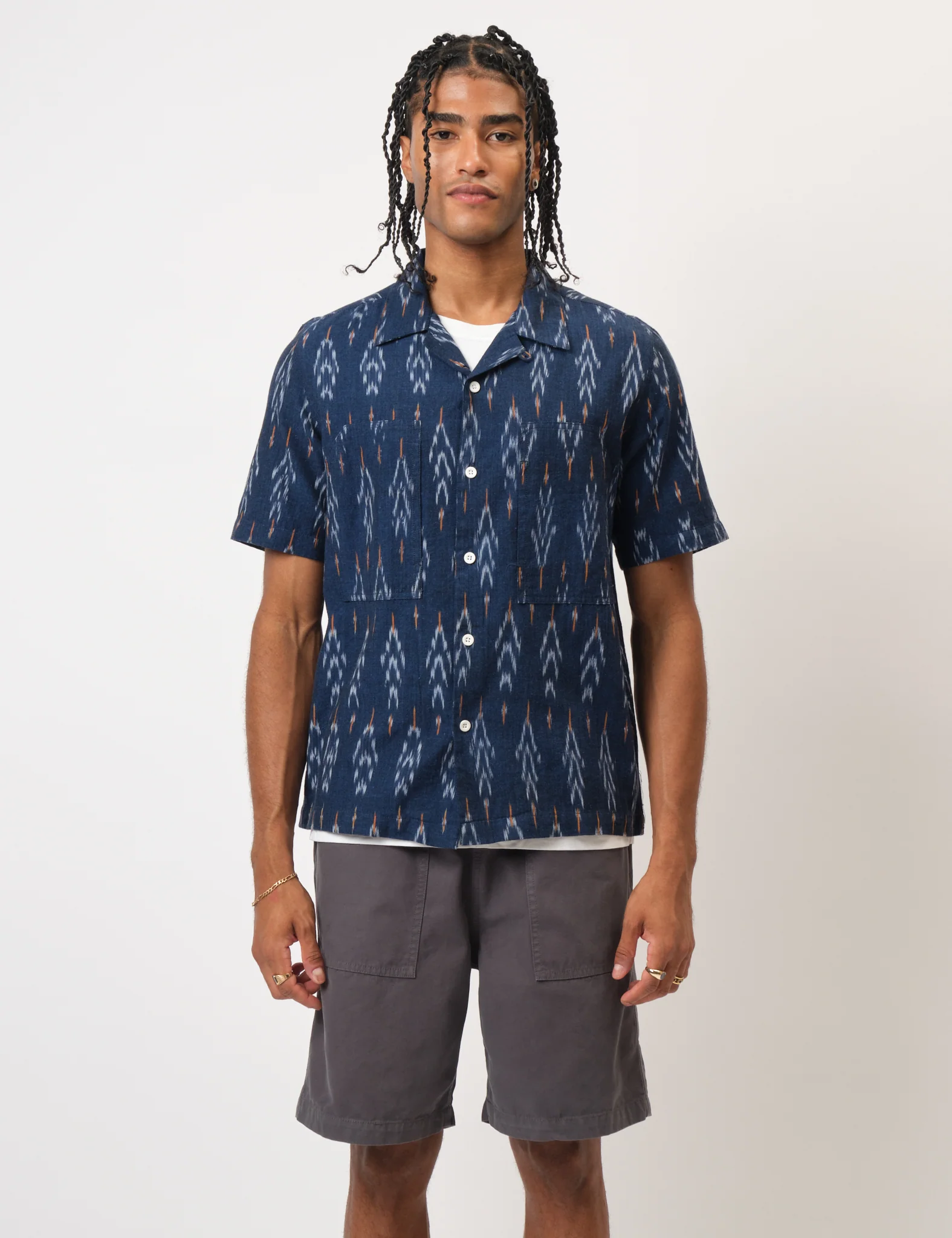 Bhode Ikat Short Sleeve Shirt (Hand Loom) - Navy Blue