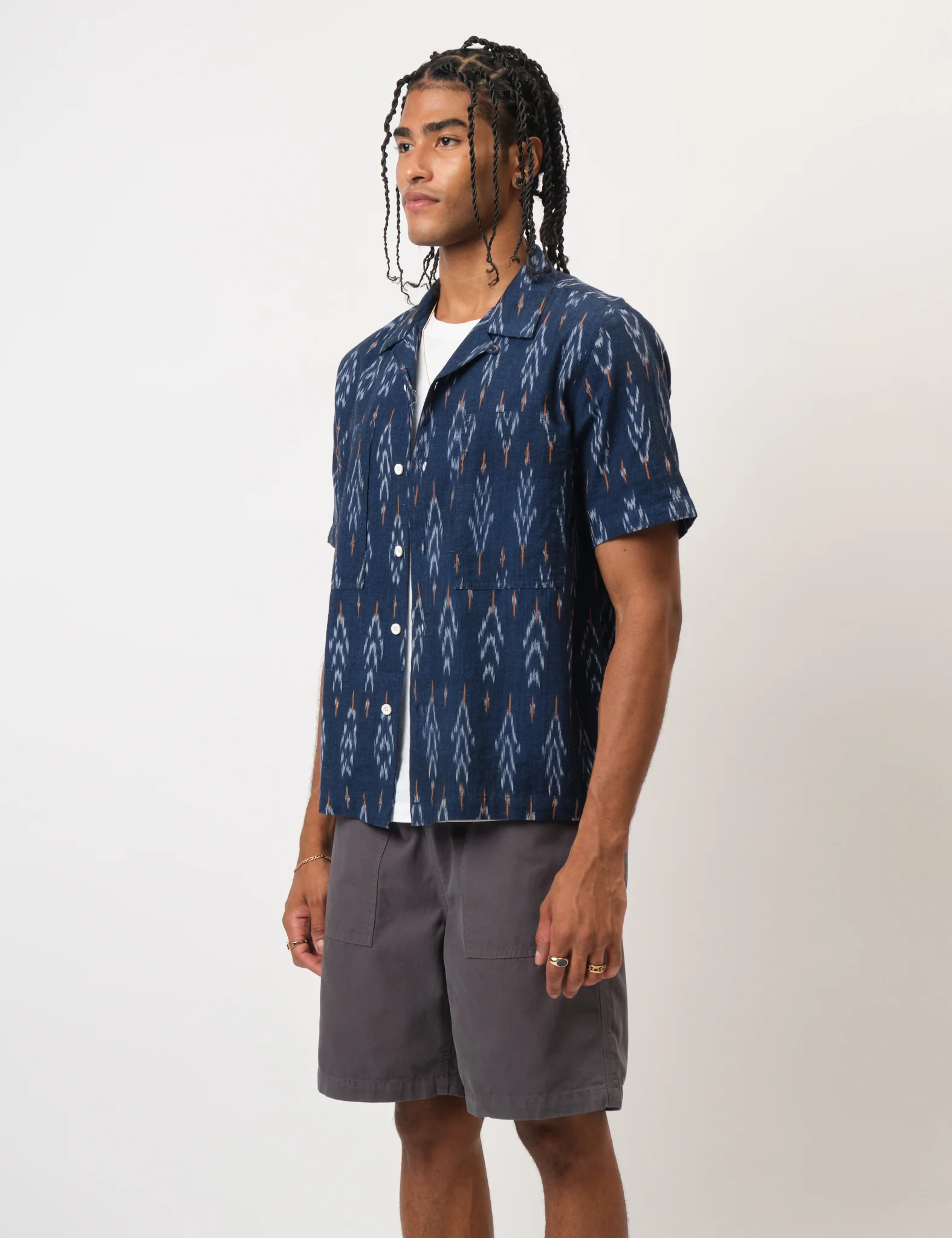 Bhode Ikat Short Sleeve Shirt (Hand Loom) - Navy Blue - Image 5