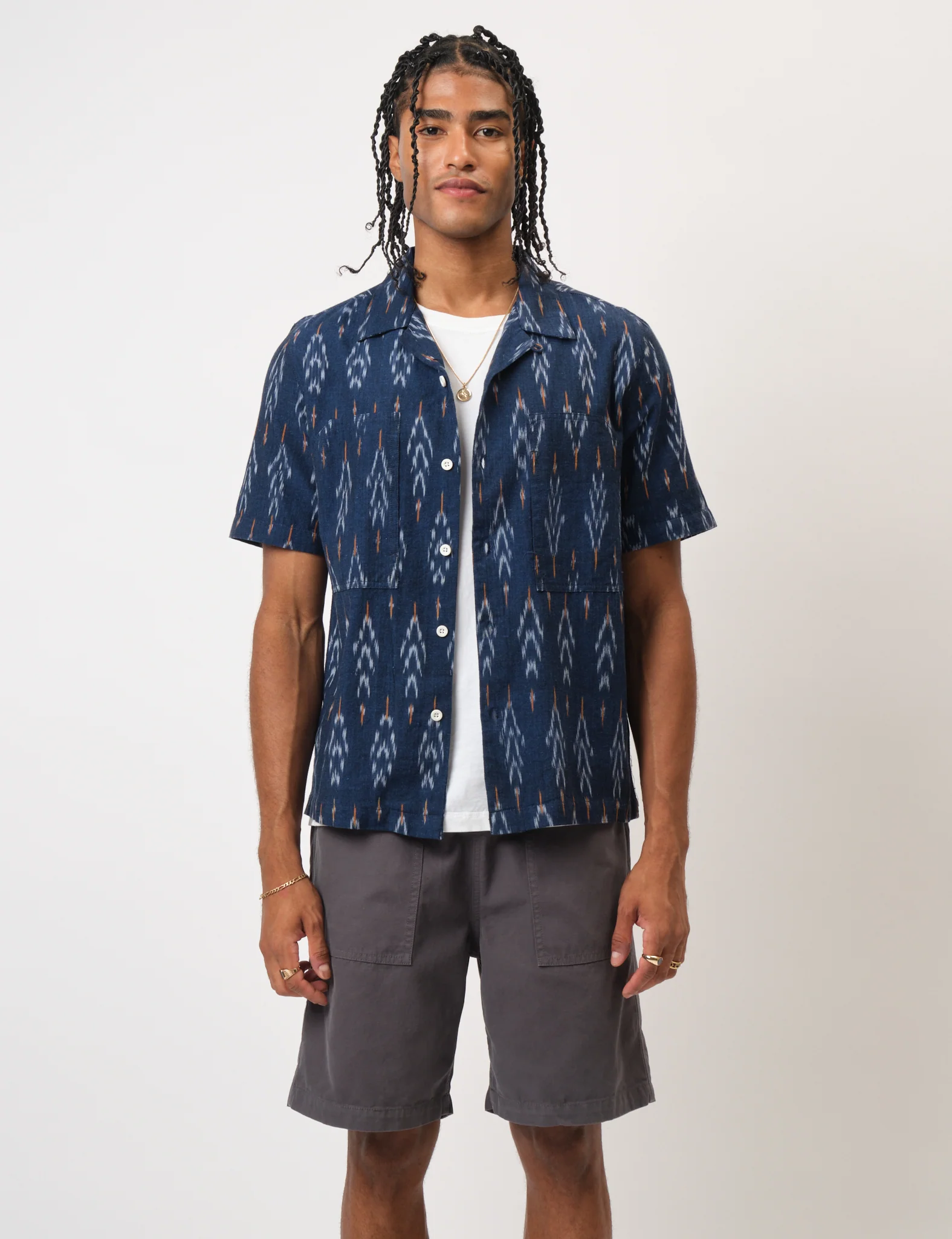 Bhode Ikat Short Sleeve Shirt (Hand Loom) - Navy Blue - Image 7