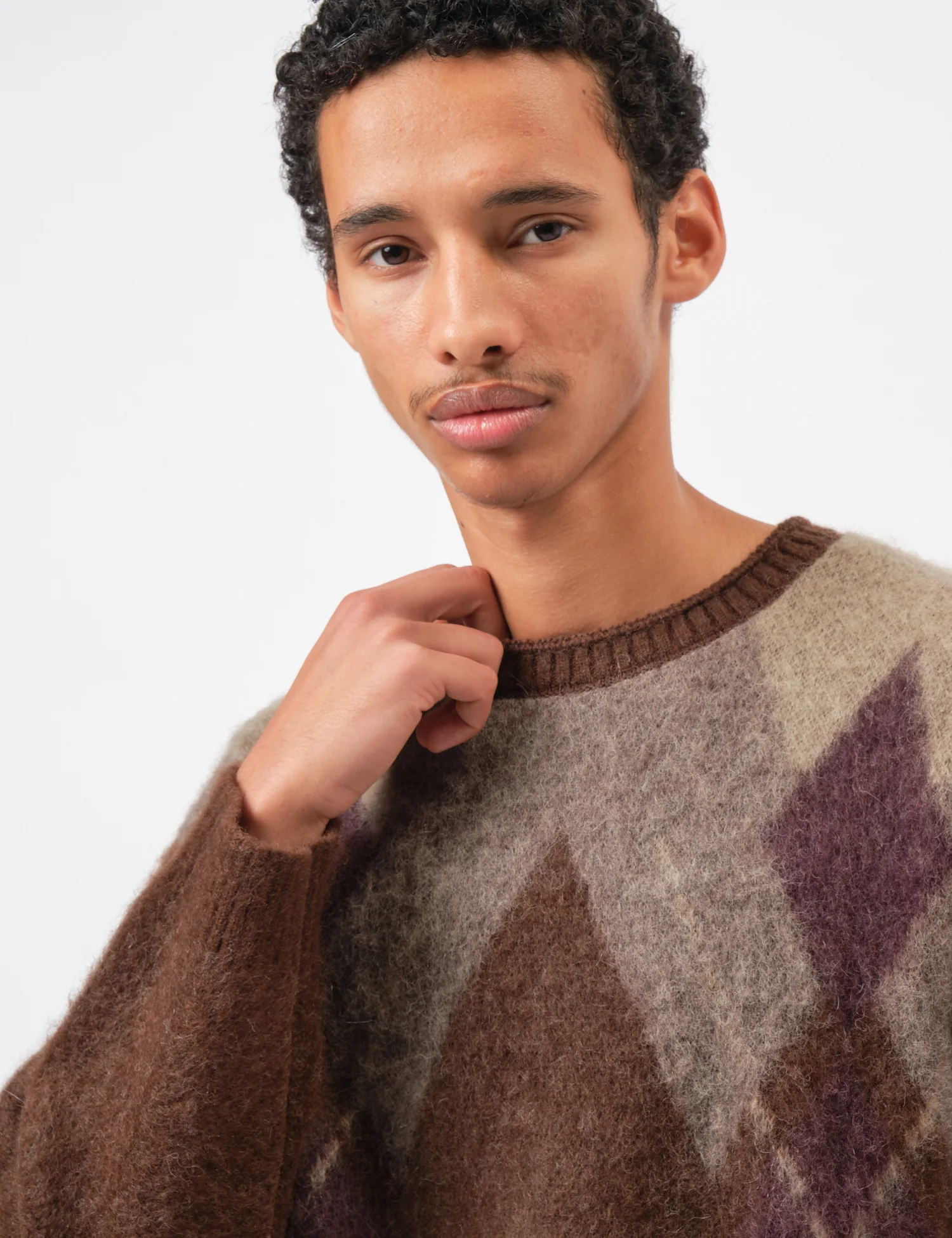 Coor Hairy Mixed Argyle Crewneck Sweater - Melange Brown - Image 2