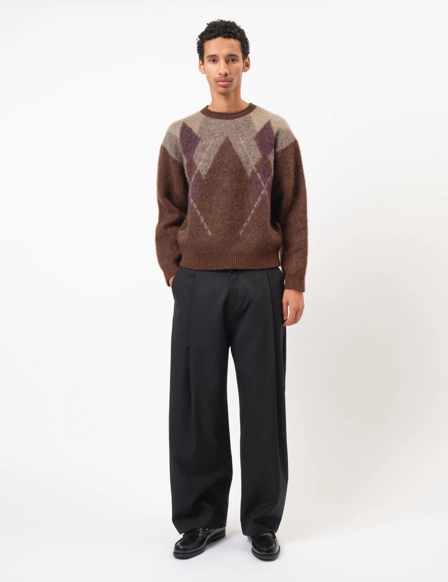 Coor Hairy Mixed Argyle Crewneck Sweater - Melange Brown - Image 3