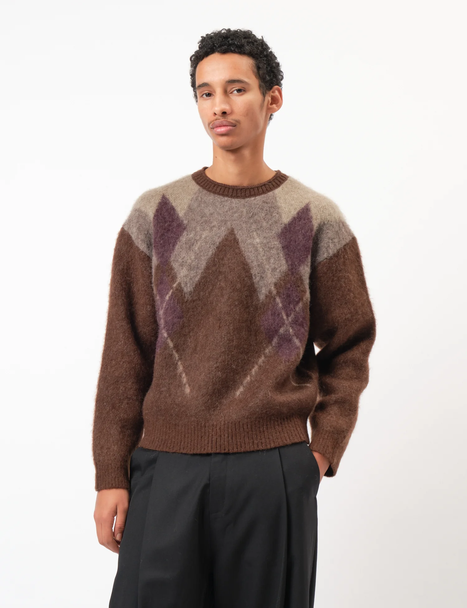 Coor Hairy Mixed Argyle Crewneck Sweater - Melange Brown - Image 4