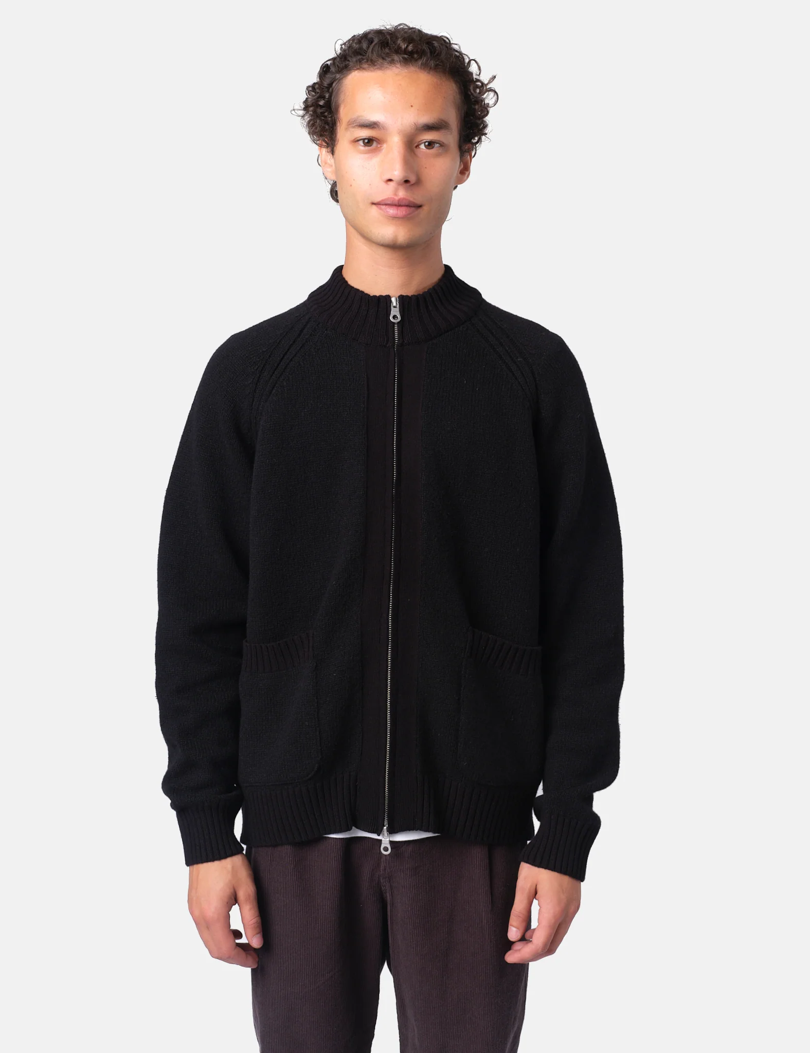 Folk Knitted Zip Through Bomber - Black