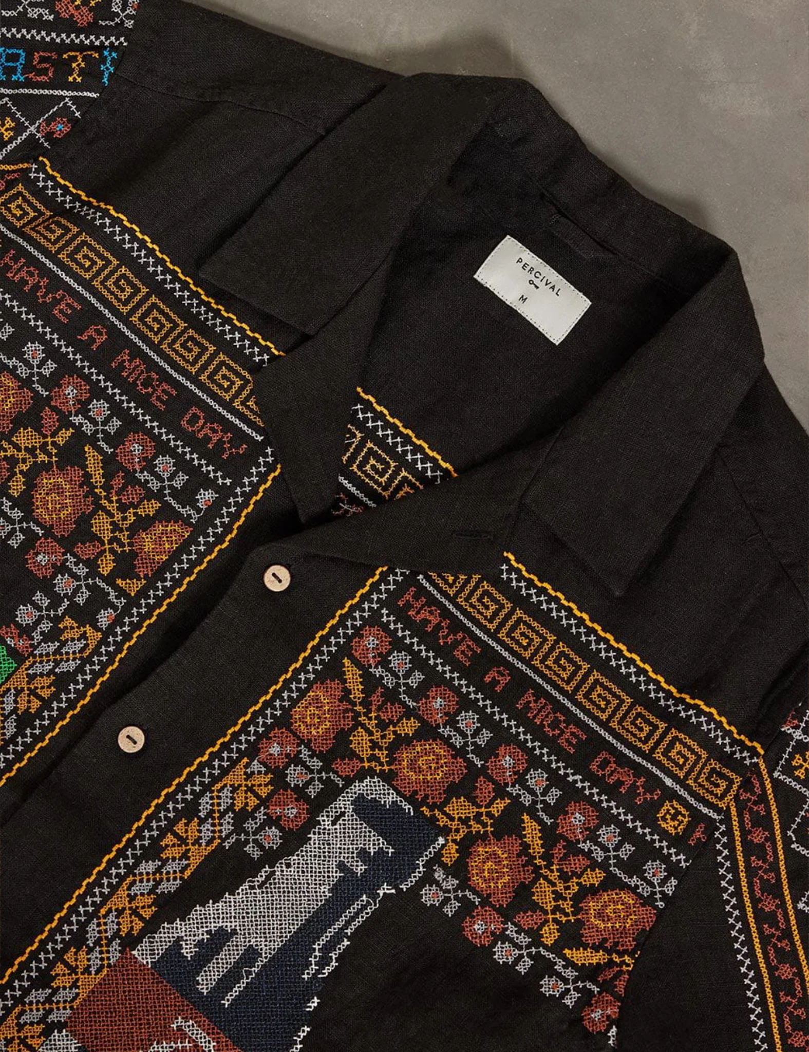 Percival Meal Deal Cross Stitch Linen Shirt - Black - Image 4