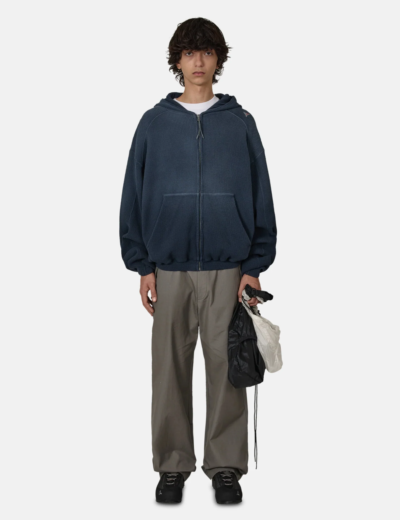 ROA Bee Sun Faded Organic Waffle Zip Up Hoodie - Navy Blue - Image 3