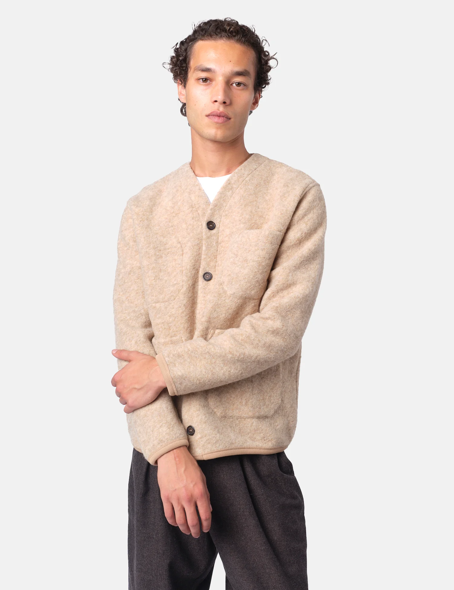 Universal Works Cardigan (Wool Fleece) - Fawn - Image 7