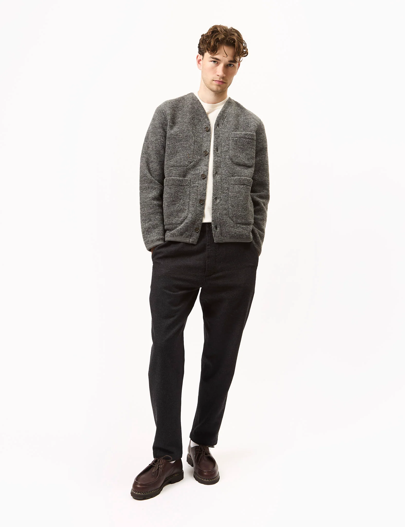Universal Works Cardigan (Wool Fleece) - Grey Marl - Image 3