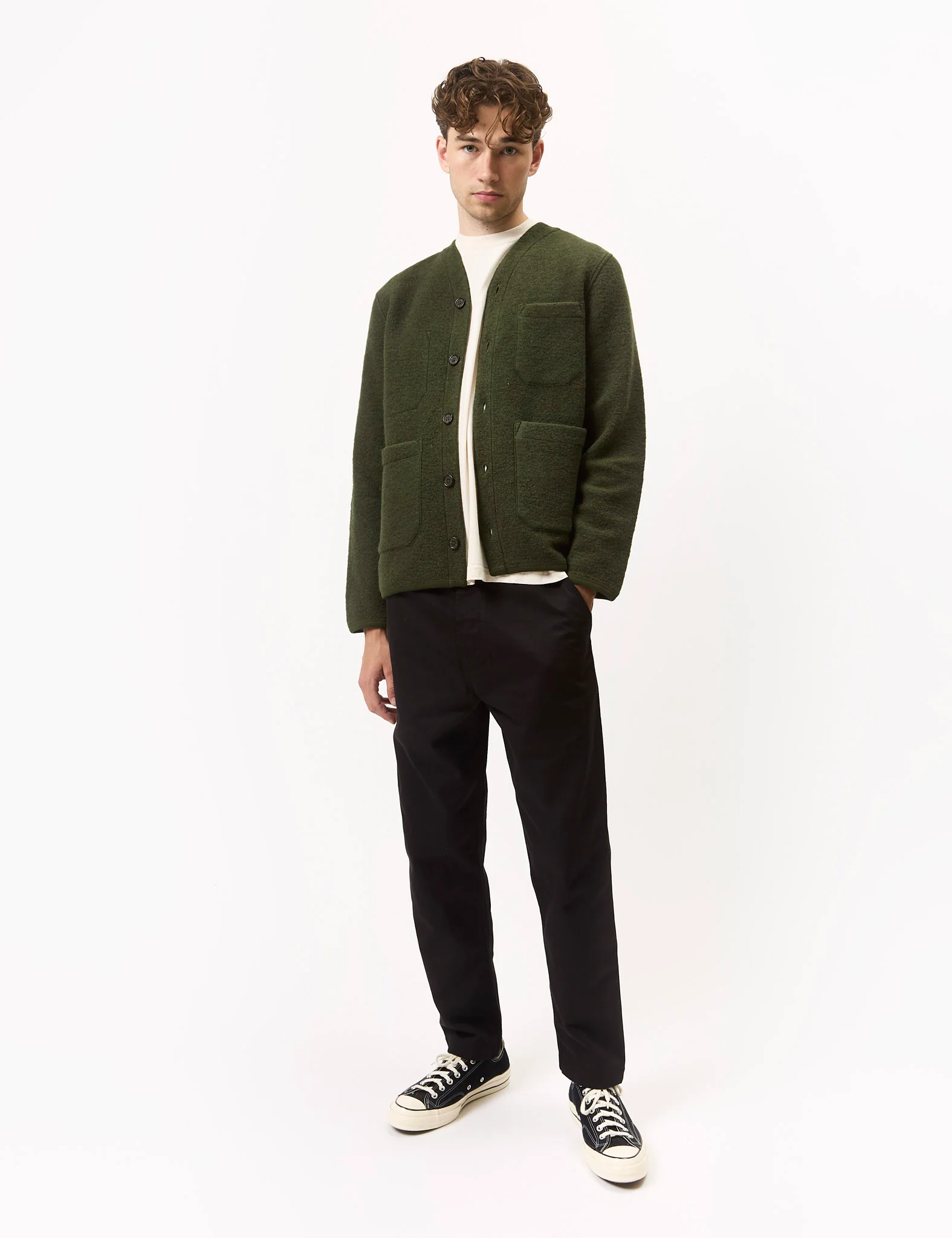 Universal Works Cardigan (Wool Fleece) - Olive Green - Image 3