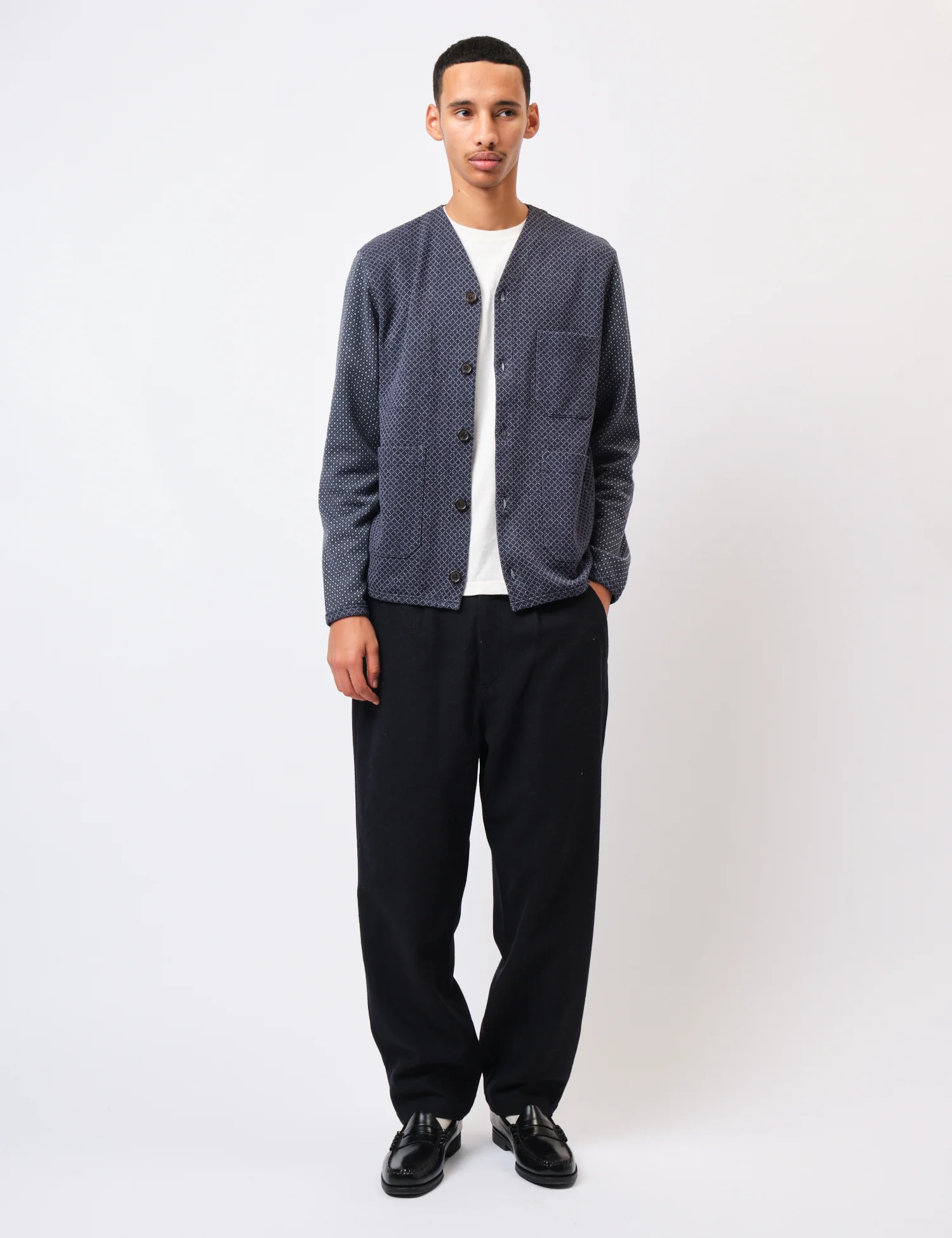 Universal Works Cotton Fleece Cardigan  - Navy Blue - Image 3