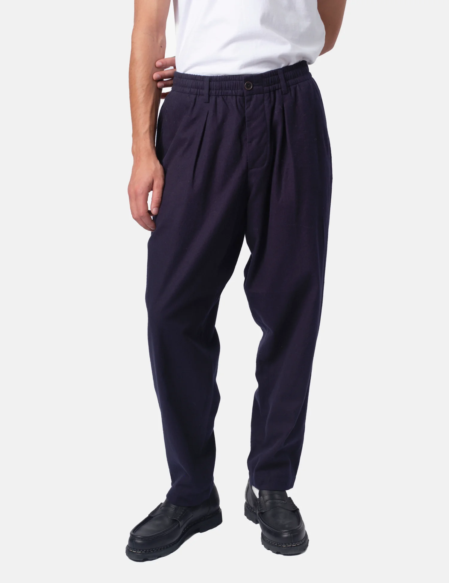Universal Works Pleated Track Pant (Brushed Moleskin) - Navy Blue - Image 3