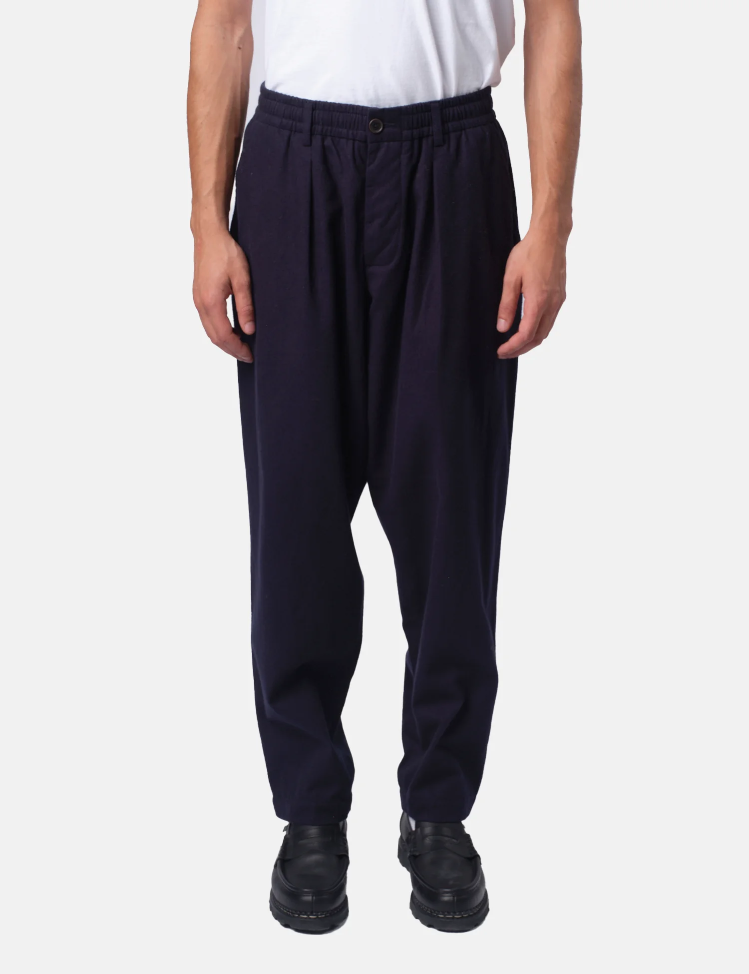 Universal Works Pleated Track Pant (Brushed Moleskin) - Navy Blue - Image 5