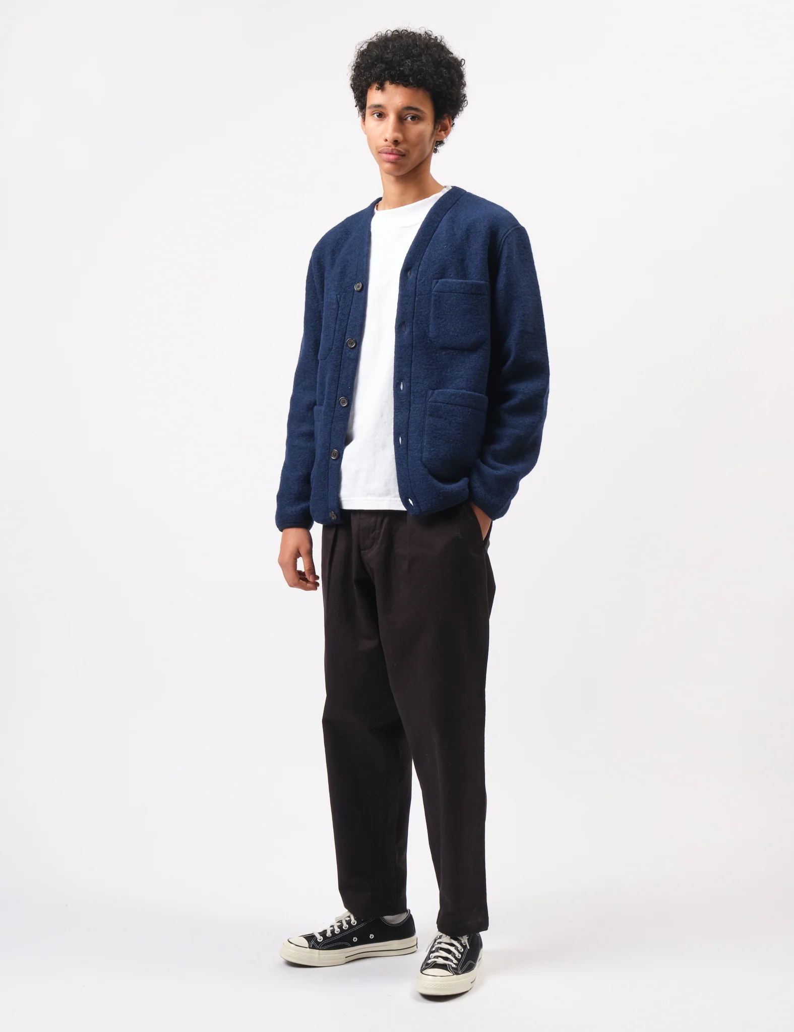 Universal Works Wool Fleece Cardigan - Indigo Blue - Image 3