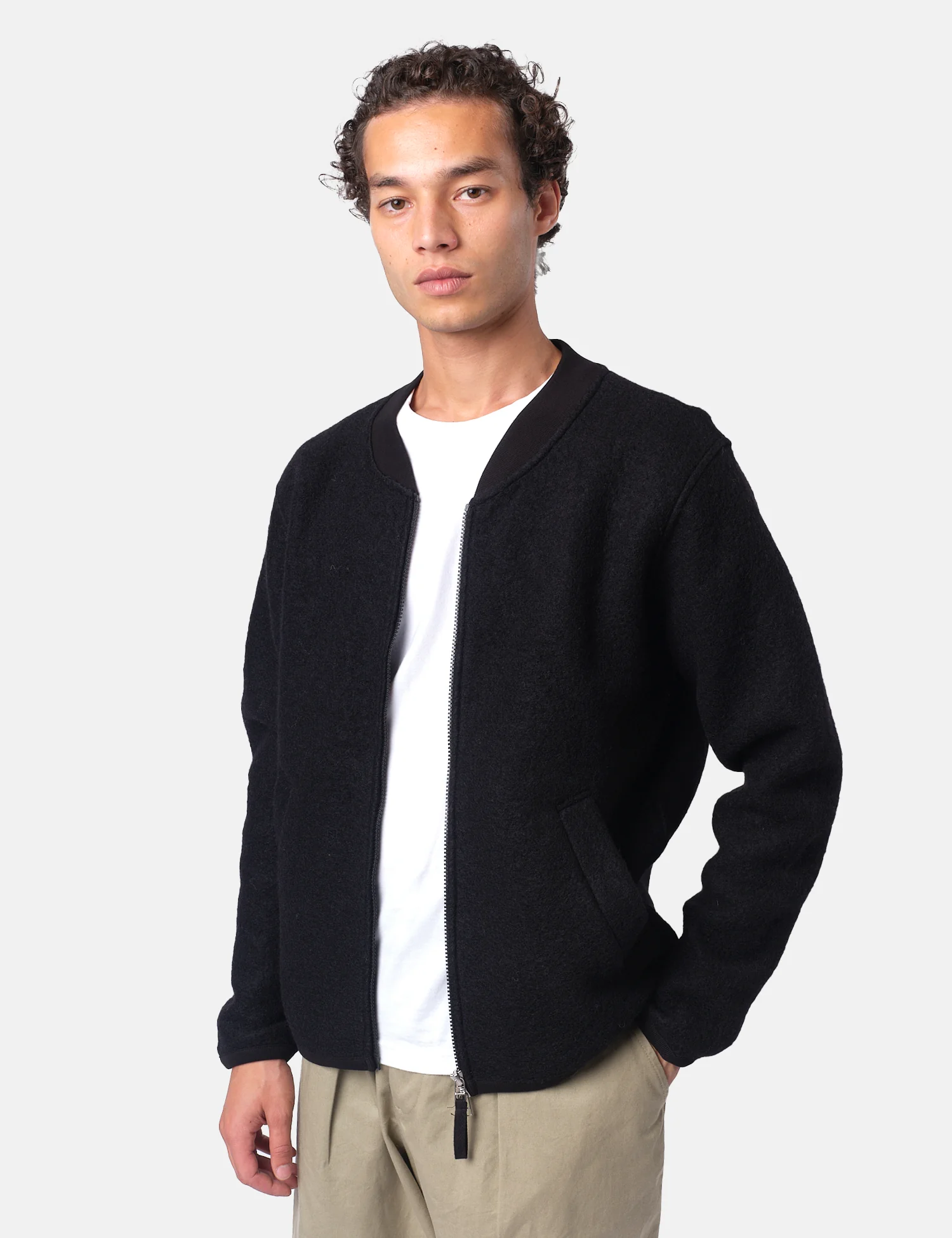 Universal Works Zip Bomber Jacket (Wool Fleece) - Black - Image 3