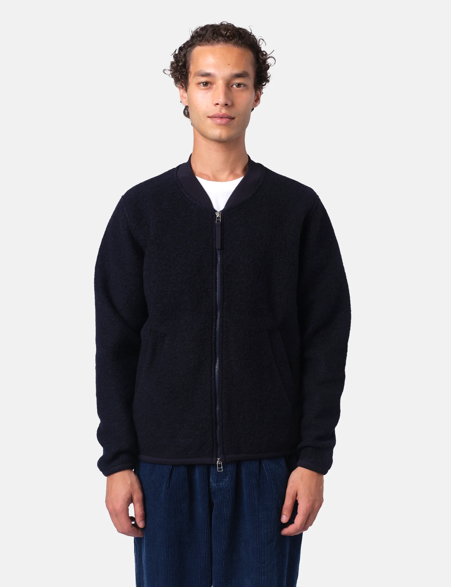 Universal Works Zip Bomber Jacket (Wool Fleece) - Navy Blue