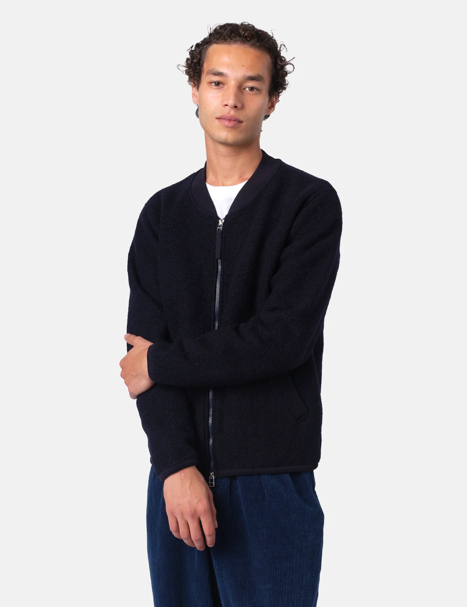 Universal Works Zip Bomber Jacket (Wool Fleece) - Navy Blue - Image 3