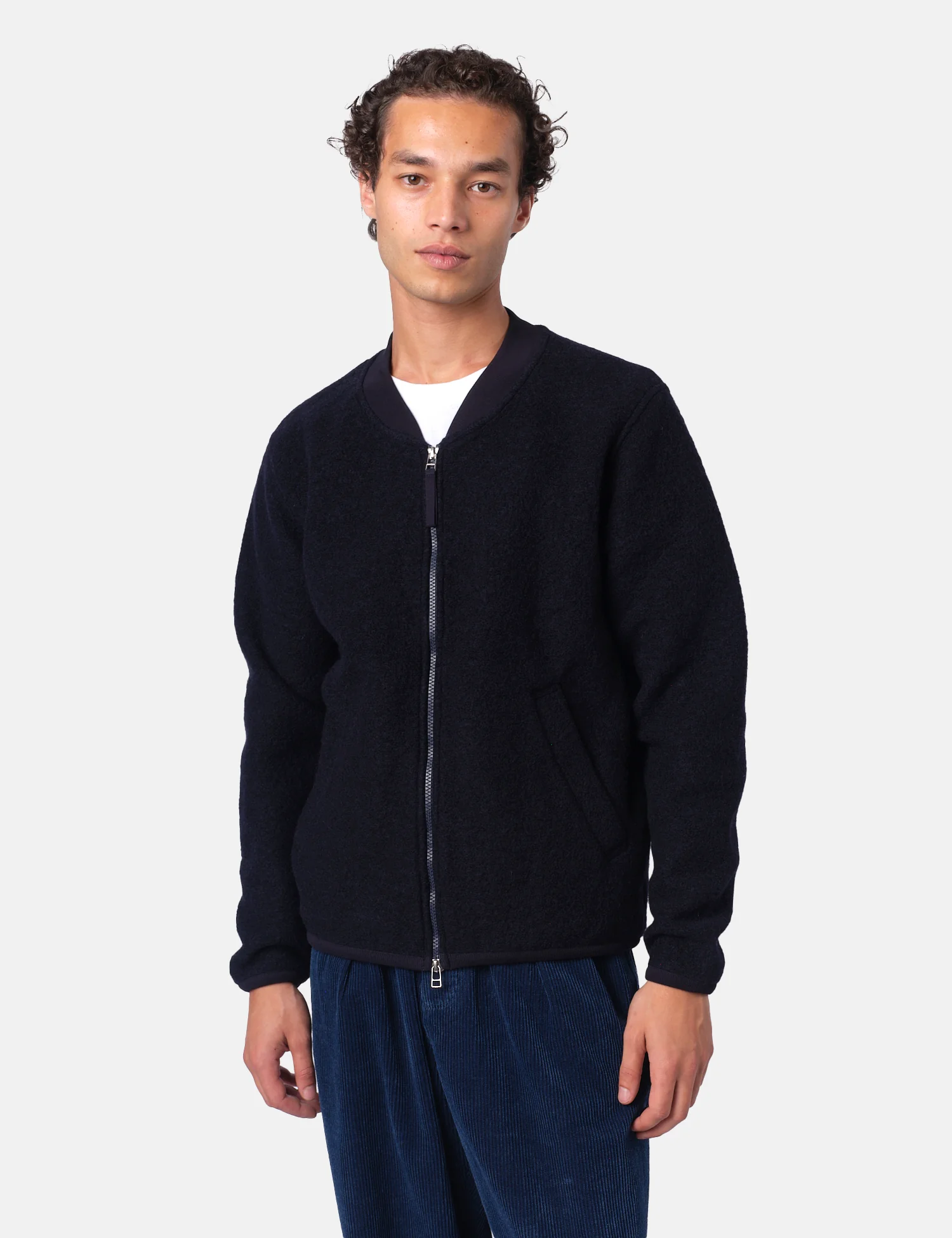 Universal Works Zip Bomber Jacket (Wool Fleece) - Navy Blue - Image 6