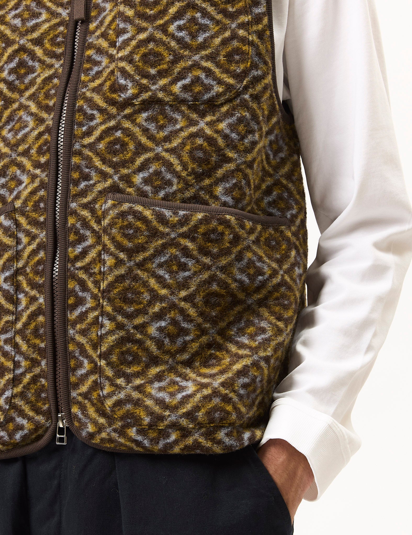 Universal Works Zip Gilet (Geometric Fleece) - Brown - Image 2