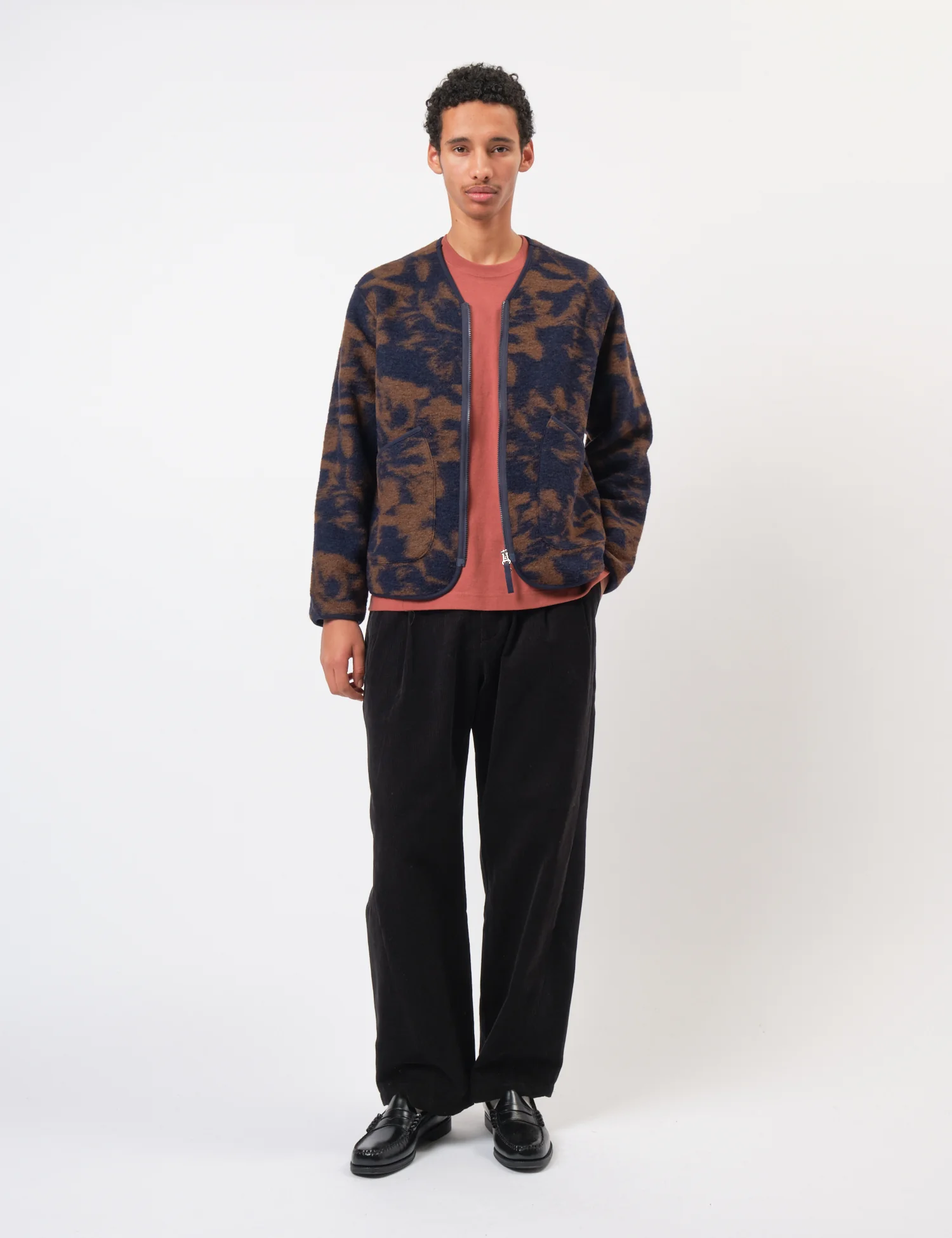 Universal Works Zip Liner Jacket (Studio Fleece) - Navy/Brown - Image 3