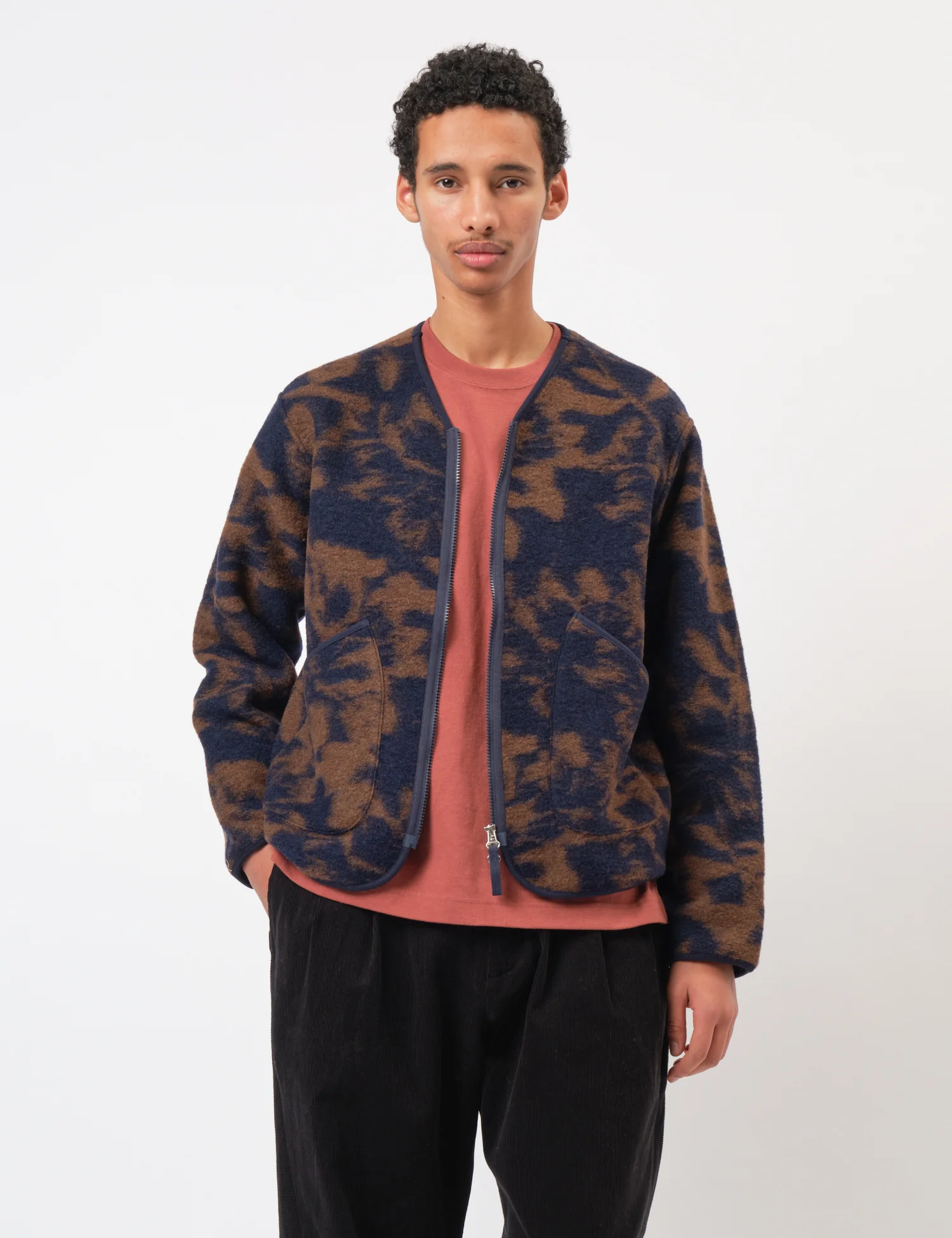 Universal Works Zip Liner Jacket (Studio Fleece) - Navy/Brown - Image 5