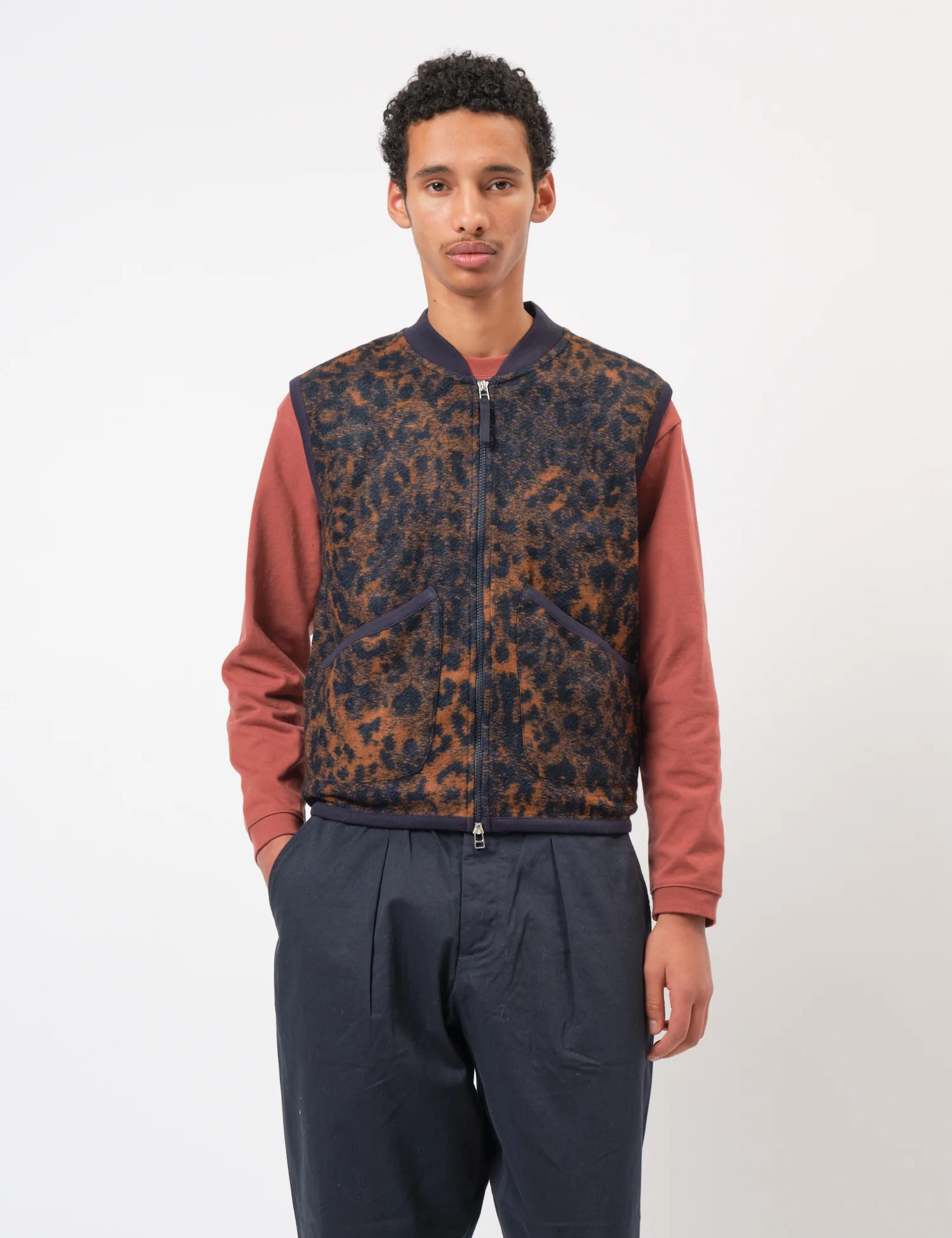 Universal Works Zip Waistcoat (Night Leopard) - Dark Navy/Brown - Image 3
