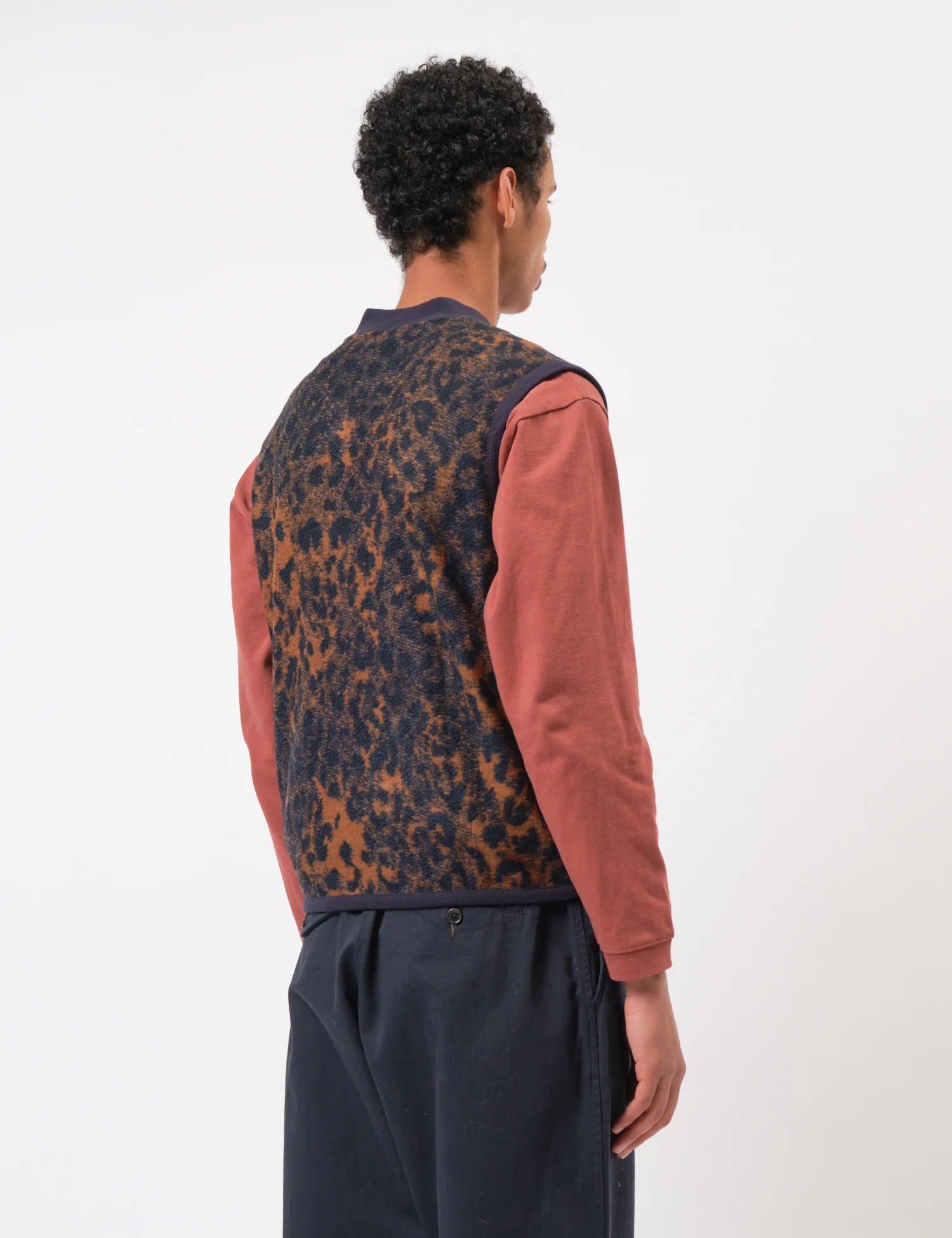 Universal Works Zip Waistcoat (Night Leopard) - Dark Navy/Brown - Image 4