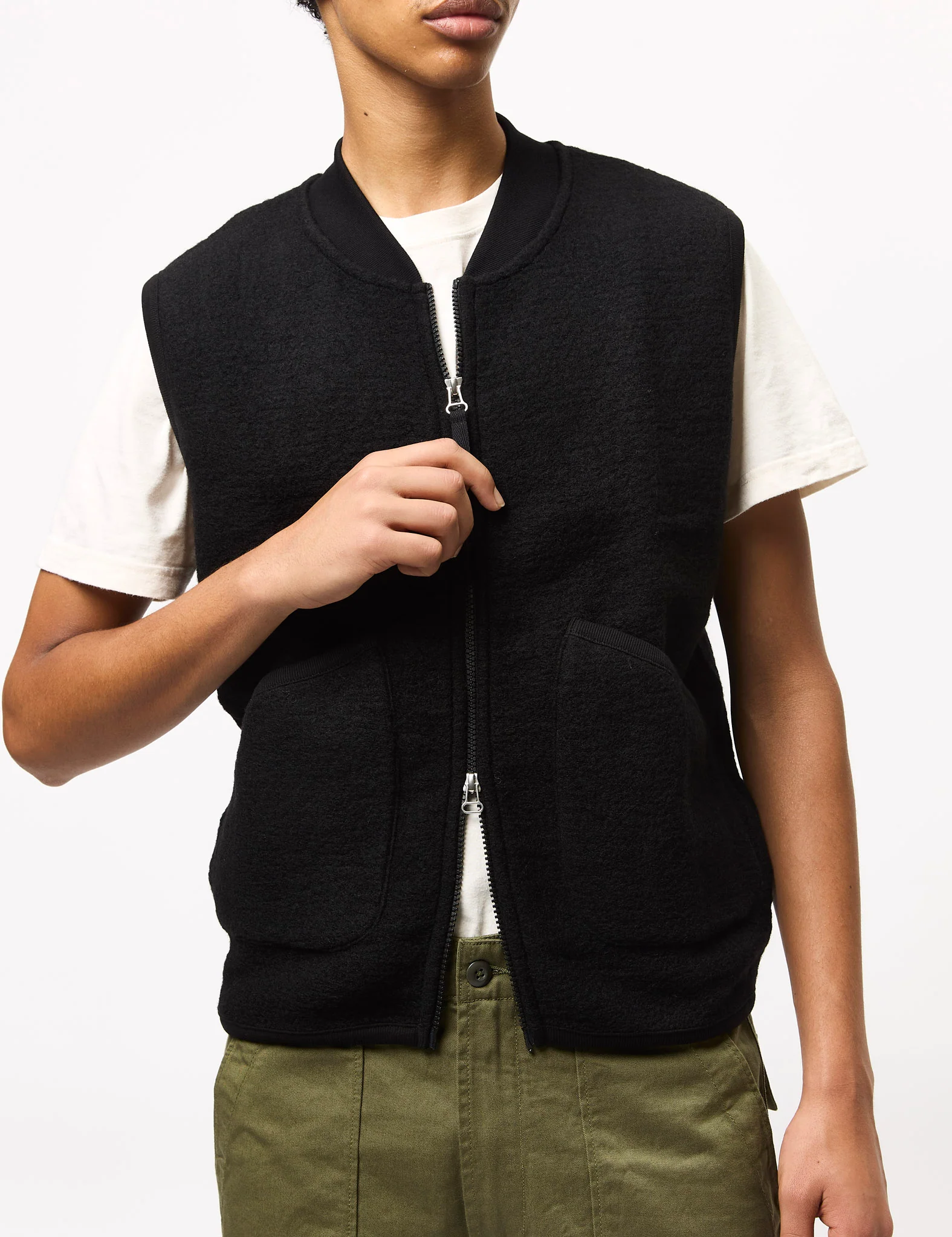 Universal Works Zip Waistcoat (Wool Fleece) - Black - Image 2