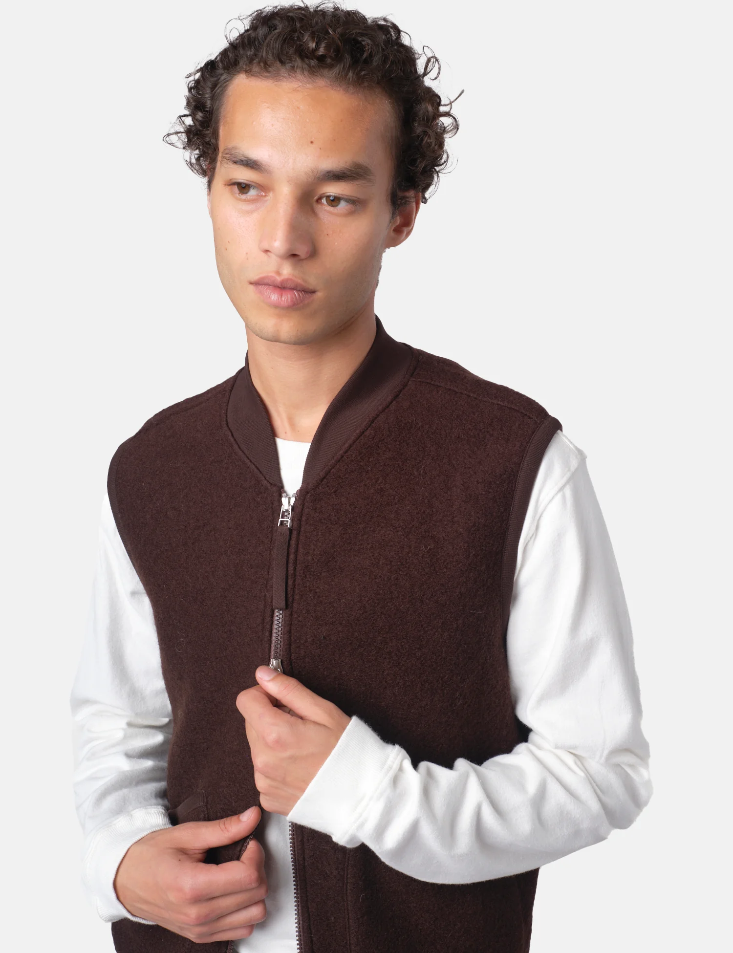 Universal Works Zip Waistcoat (Wool Fleece) - Brown - Image 2