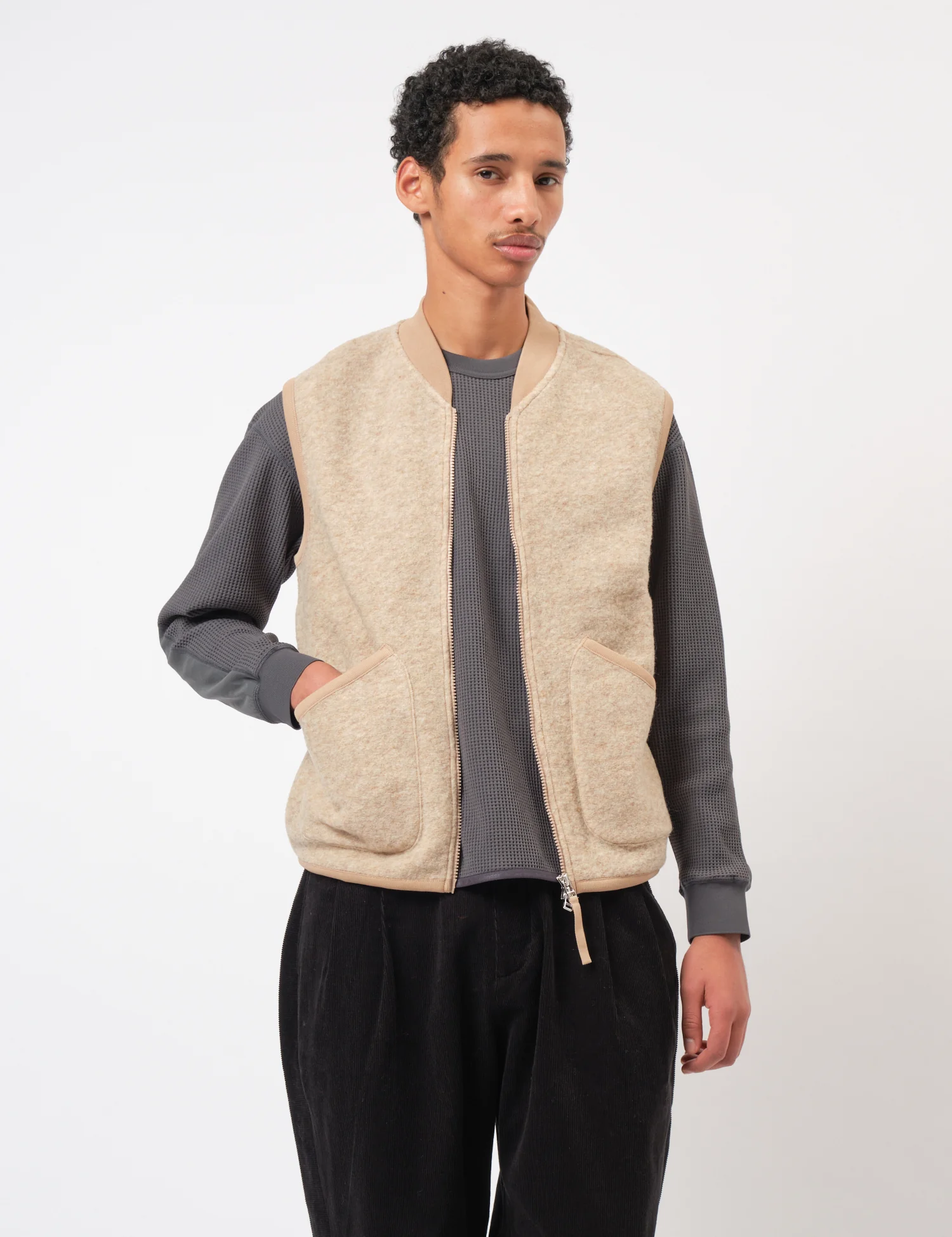 Universal Works Zip Waistcoat (Wool Fleece) - Fawn - Image 2