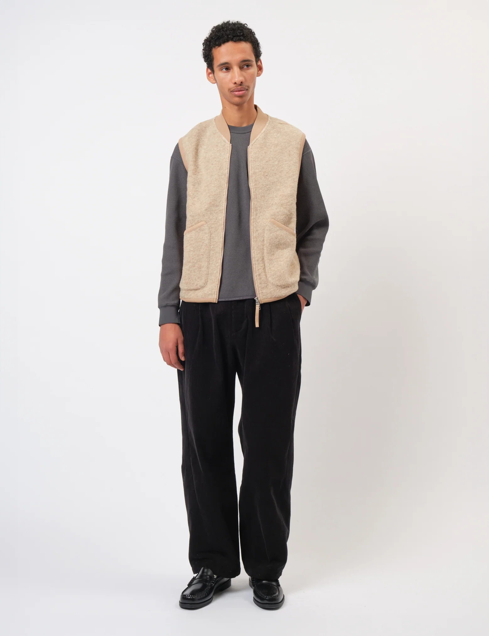 Universal Works Zip Waistcoat (Wool Fleece) - Fawn - Image 5