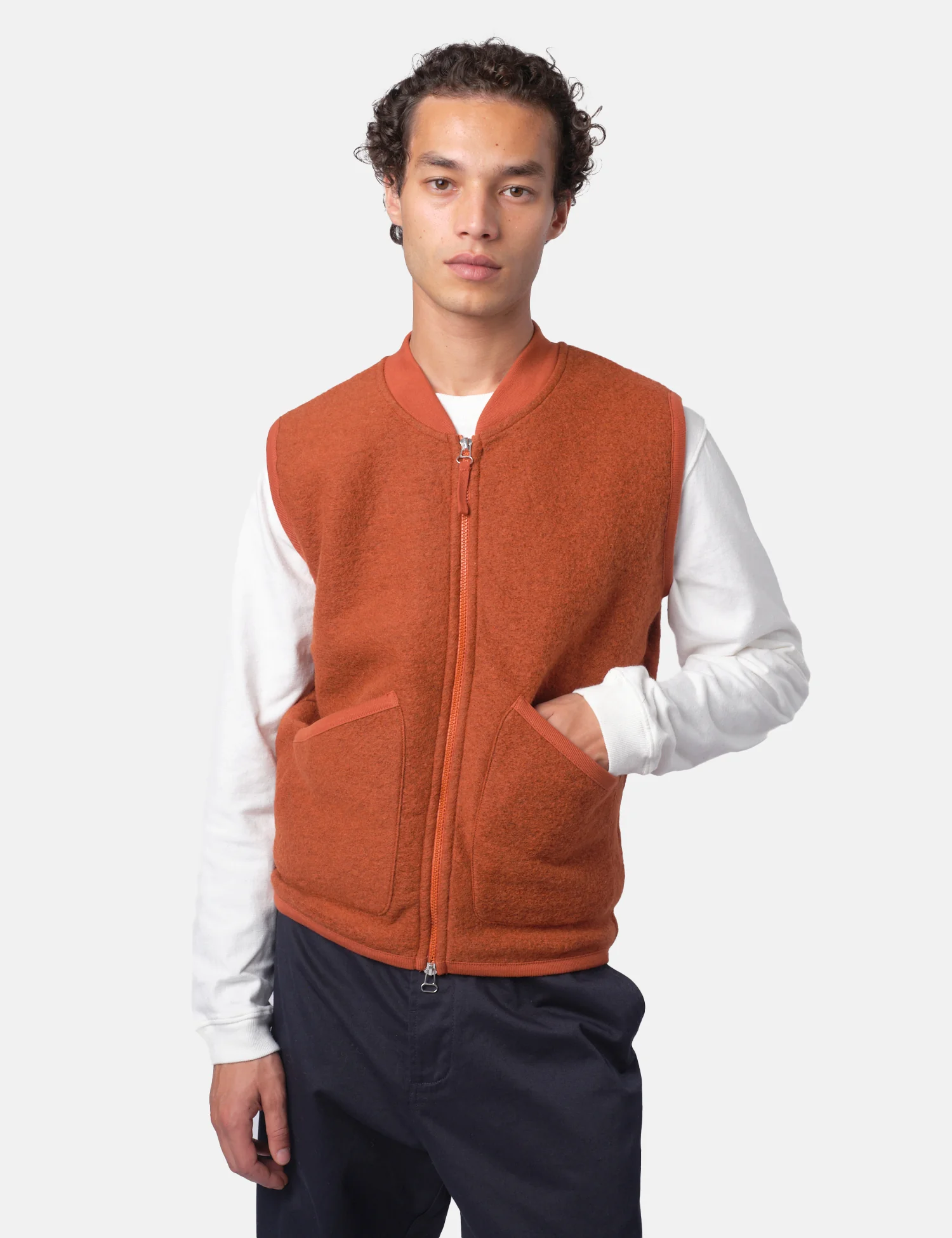Universal Works Zip Bomber Vest (Wool) - Rust Orange - Image 9