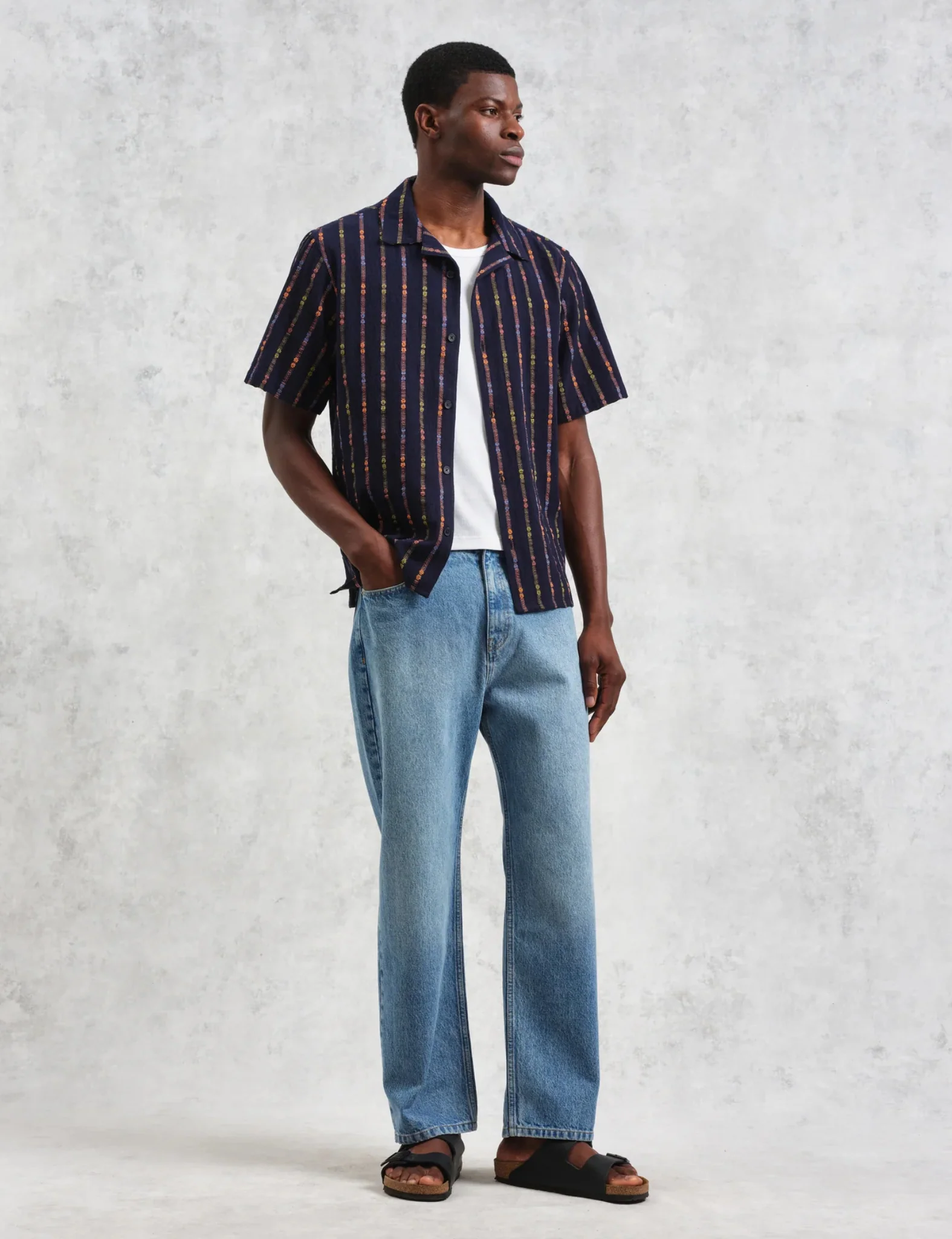 Wax London Didcot Short Sleeve Shirt (Loom Stripe) - Navy Blue/Orange - Image 3