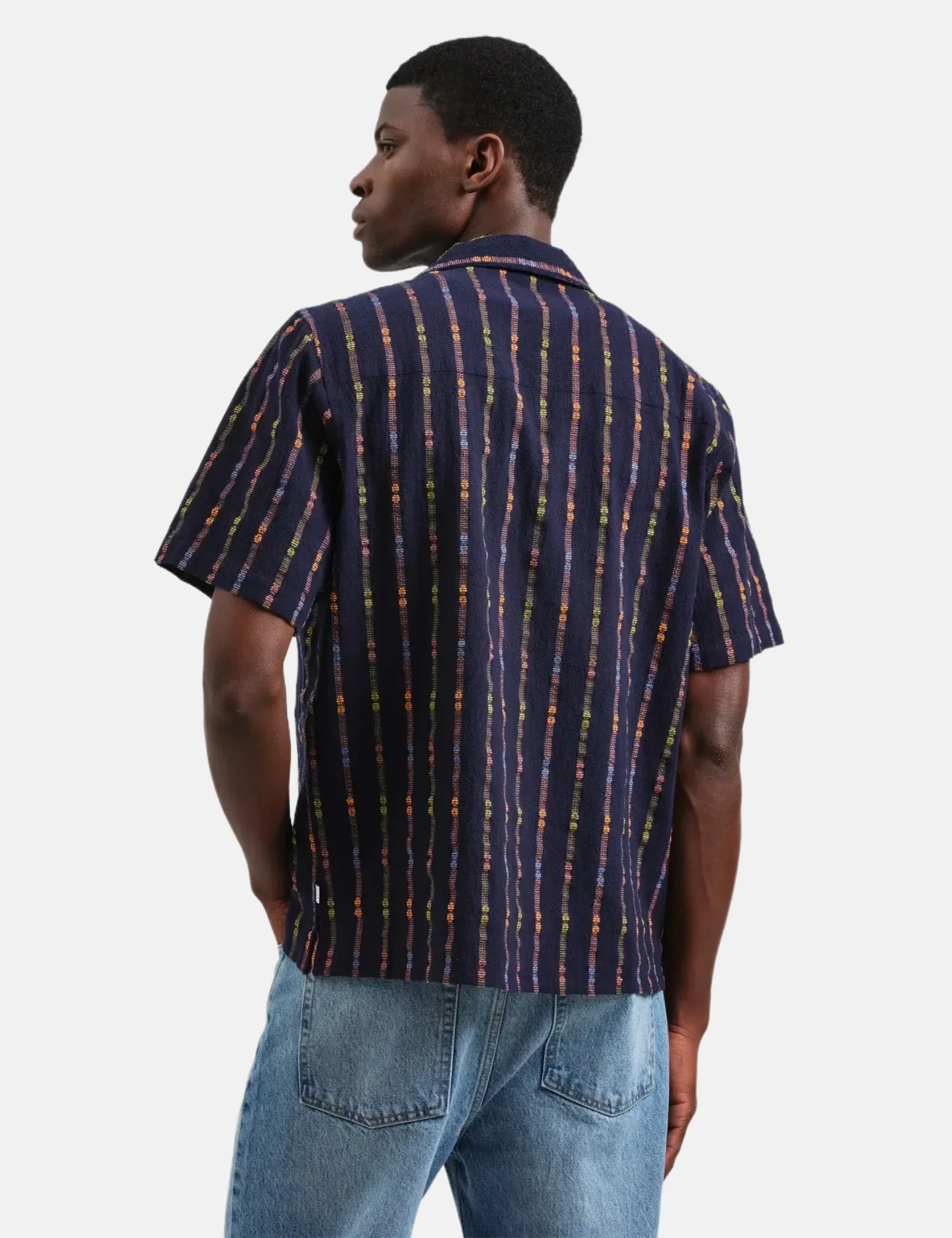 Wax London Didcot Short Sleeve Shirt (Loom Stripe) - Navy Blue/Orange - Image 4